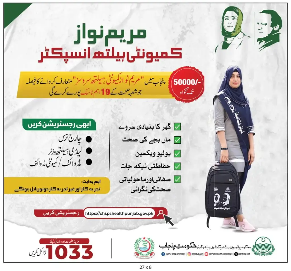 Maryam Nawaz Community Health Inspector Jobs Apply online 2025 % Maryam Nawaz Community Health Inspector Jobs Apply online 2025